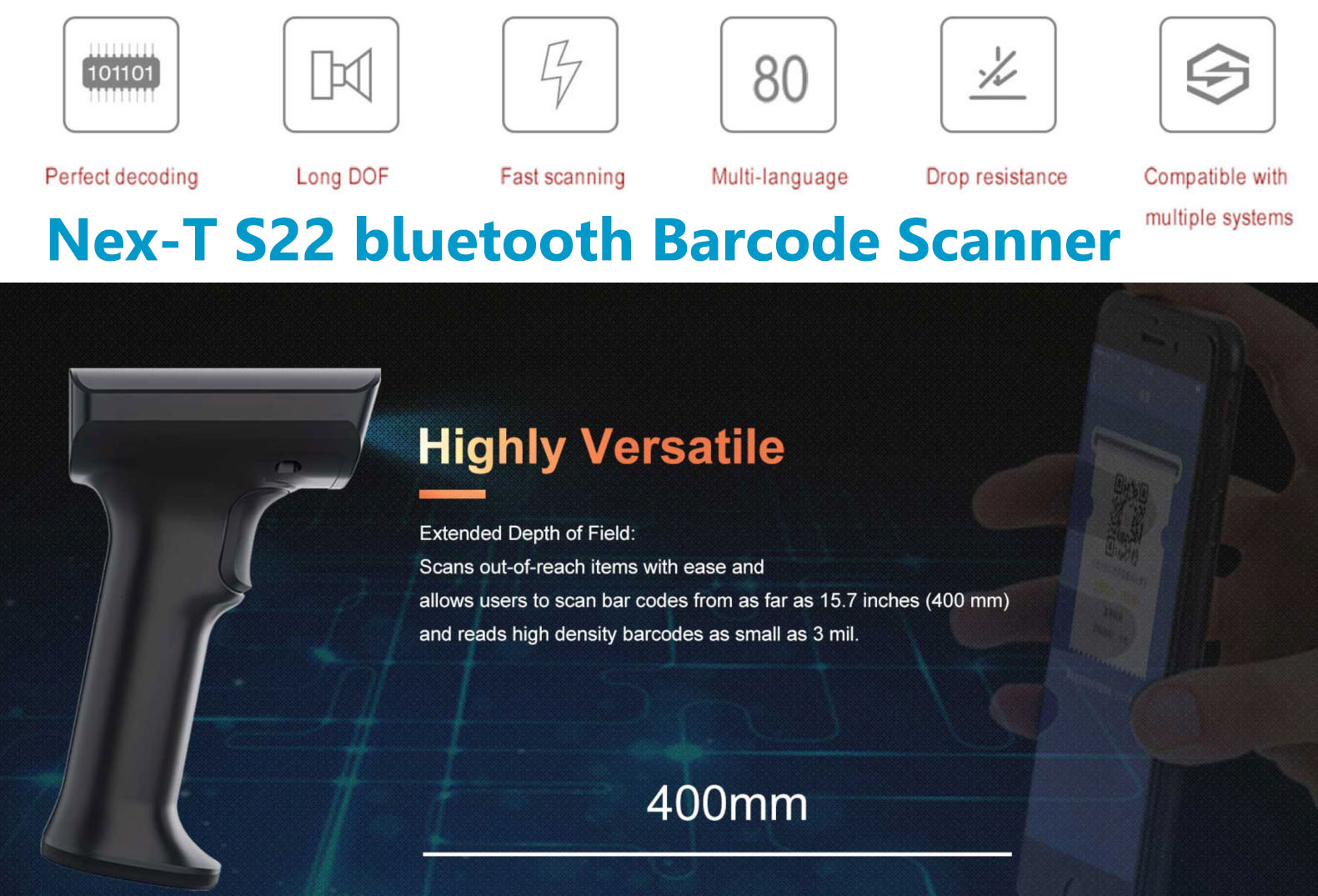 Nex-T S22 Bluetooth Barcode Scanner, เครื่องอ่านบาร์โค้ดไร้สาย
